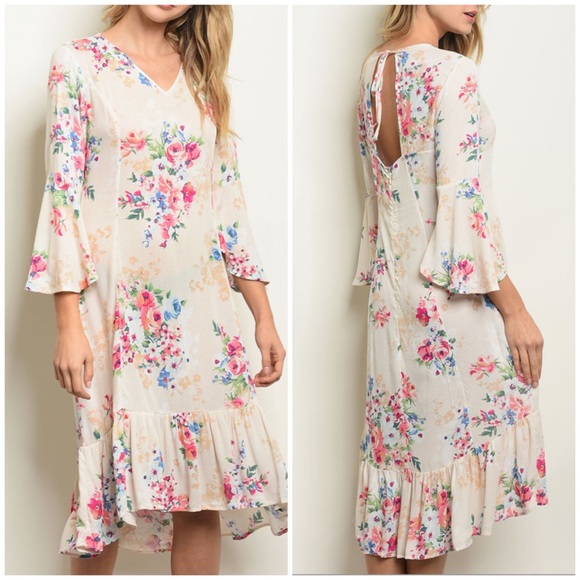 CLEARANCE LAST 1! CREAM FLORAL- DRESS - Picture 1 of 3